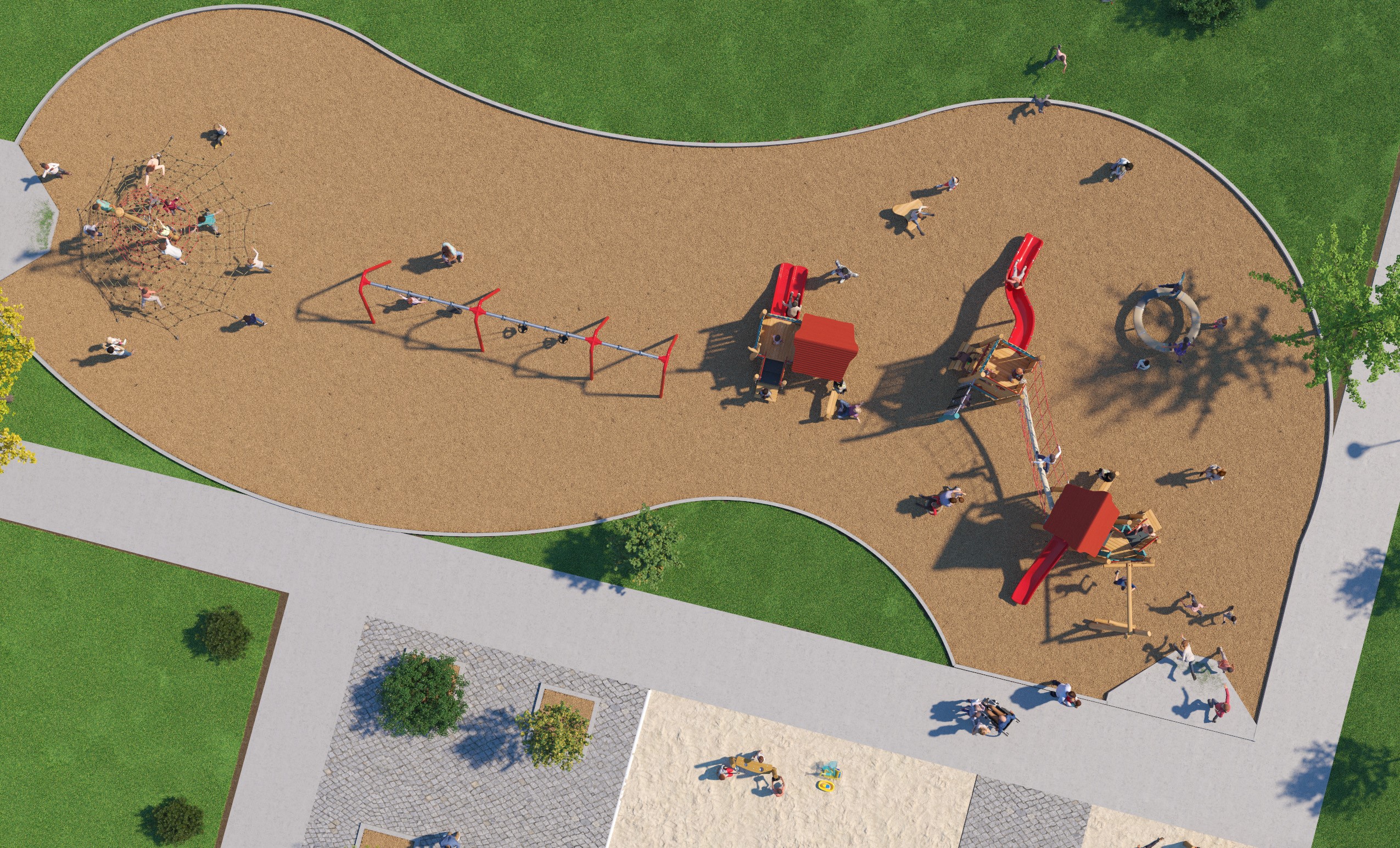 Birds eye view of the final design for the new Eden Valley Park Playground, which has been refined based on community feedback. It will include natural wood and red slides and accents and will include the play features listed below