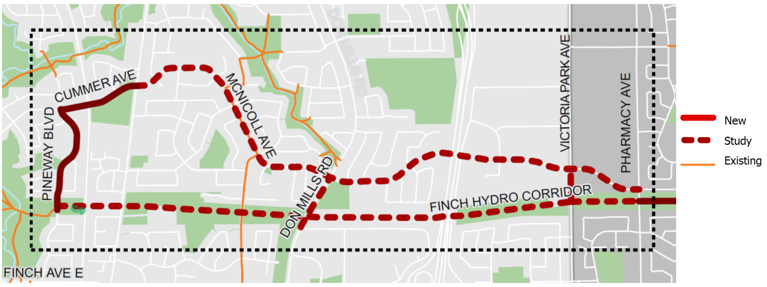 Map showing study area boundaries and routes to be studied, including McNicoll Avenue and Finch Hydro Corridor 