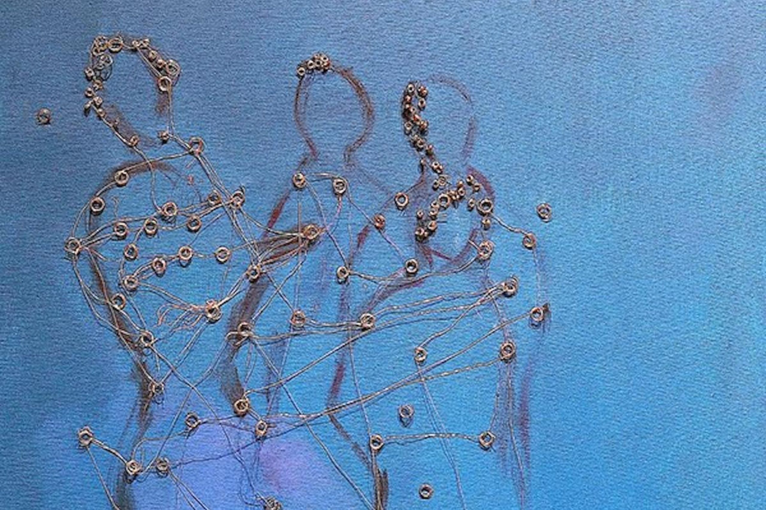 Mixed media work of four outlined figures overlaid with metal rings and wire