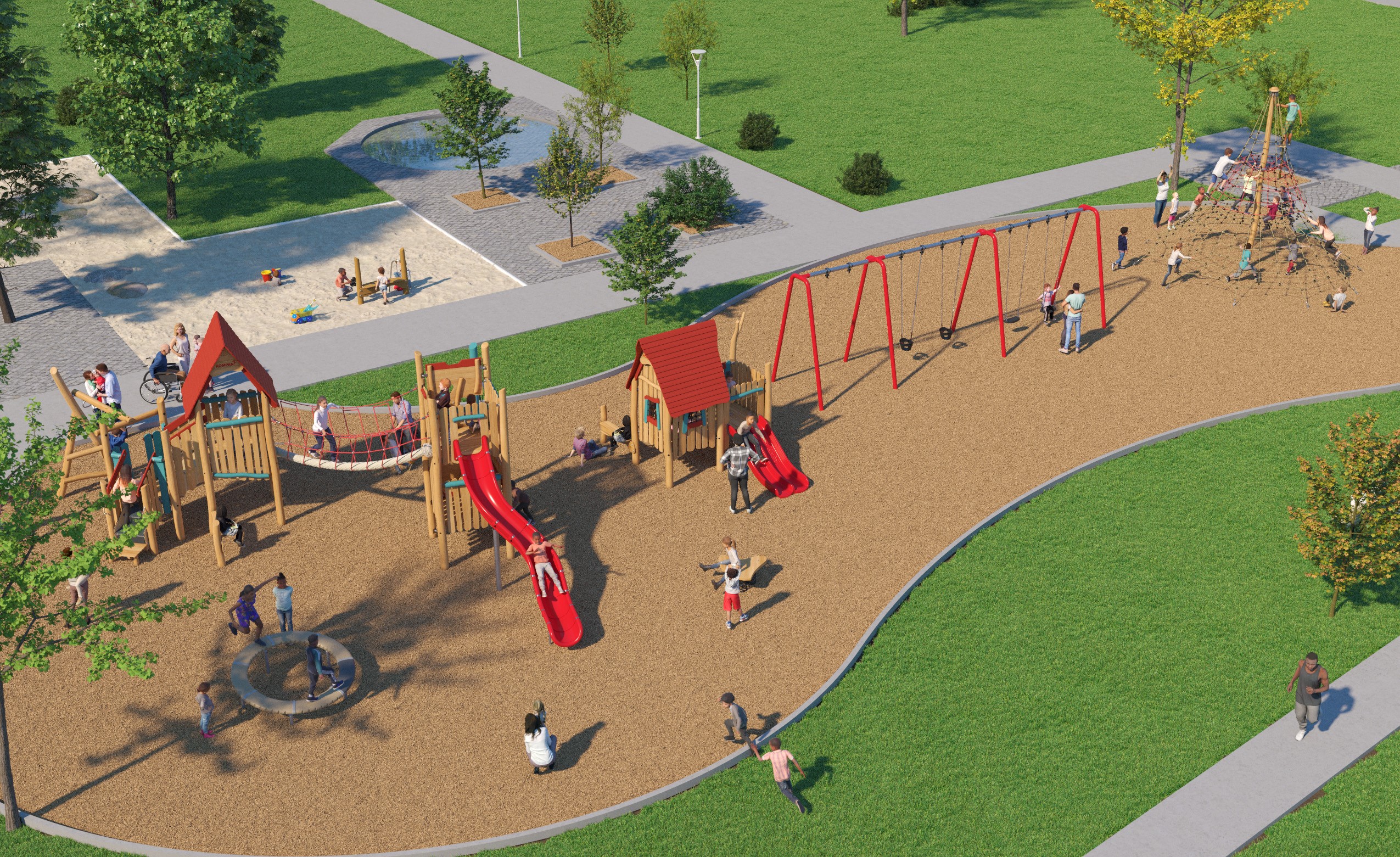 The final design for the new Eden Valley Park Playground, which has been refined based on community feedback. It will include natural wood and red slides and accents and will include the play features listed below.