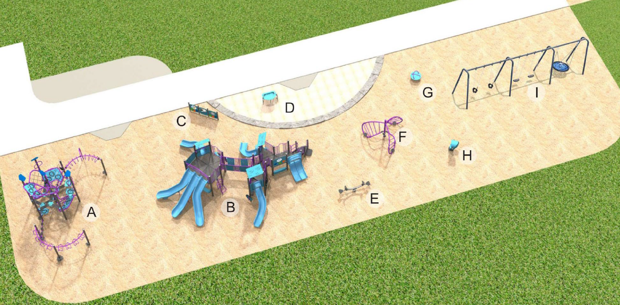 A rendering of the playground design with equipment shown in blue and purple. From the bottom left corner to top right corner it includes a senior climbing structure, a combined senior and junior play structure beside various stand-alone features, like a teeter totter and play panels. To the far right of the play area is a swing set. 