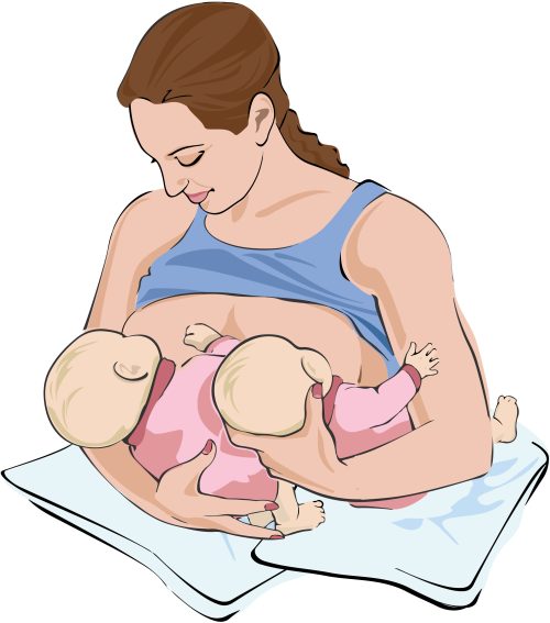 Mother positions one of her infants in the cradle position facing her.Mother positions the second infant in the football position facing her other breast.