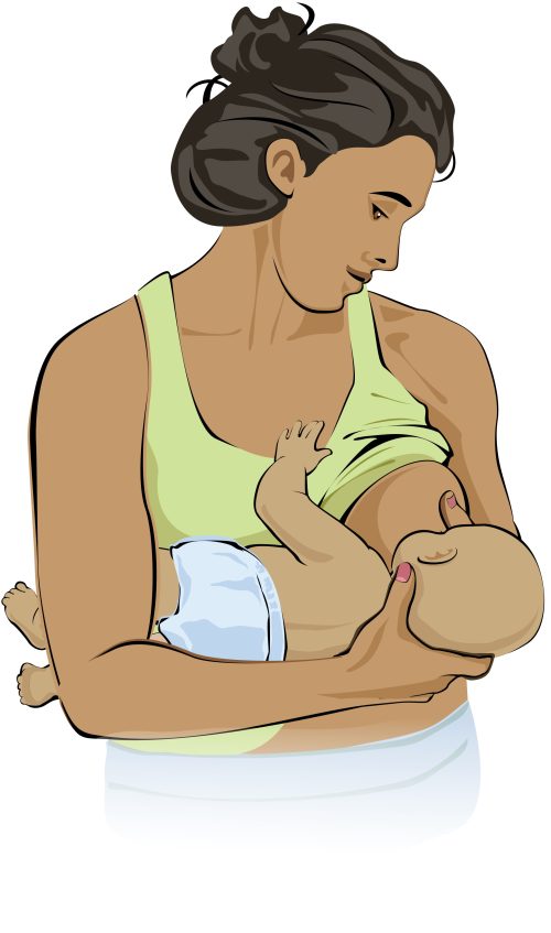 Mother’s right arm holds infant along his spine. Mother’s right hand supports infant’s shoulders and neck. Her forearm supports the infant’s back and bottom.