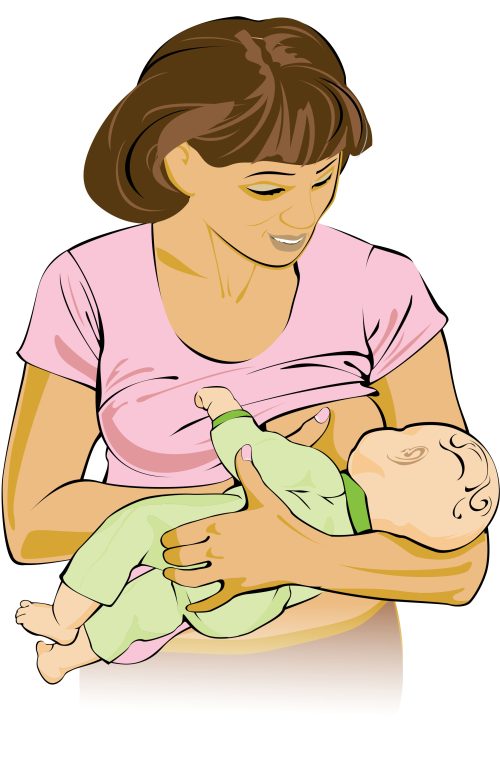 Mother holds infant in her left arm, with the infant’s head near her elbow. Mother’s left hand holds the infant’s bottom.