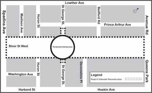 Map of work area along Bloor Street West between Avenue Road to Spadina Avenue. Please contact Mark De Miglio at 416 395 7178 or mark.demiglio@toronto.ca for more information.