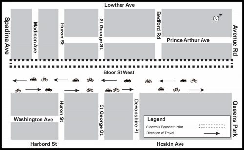 Map of work area along Bloor Street West between Avenue Road and Spadina Avenue north side for Phase 1. Please contact Mark De Miglio at 416 395 7178 or mark.demiglio@toronto.ca for more information.