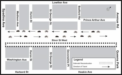 Map of work area along Bloor Street West between Avenue Road and Spadina Avenue north side for Phase 2. Please contact Mark De Miglio at 416 395 7178 or mark.demiglio@toronto.ca for more information.