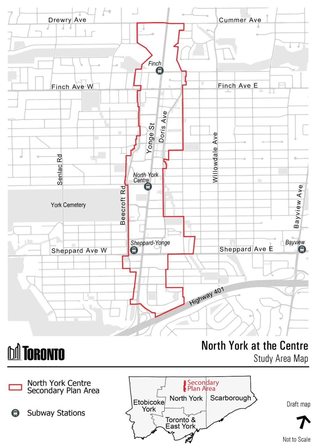 A map showing the boundaries of the North York Centre Secondary Plan area, as well as a key map showing the location of the area within the overall city context.