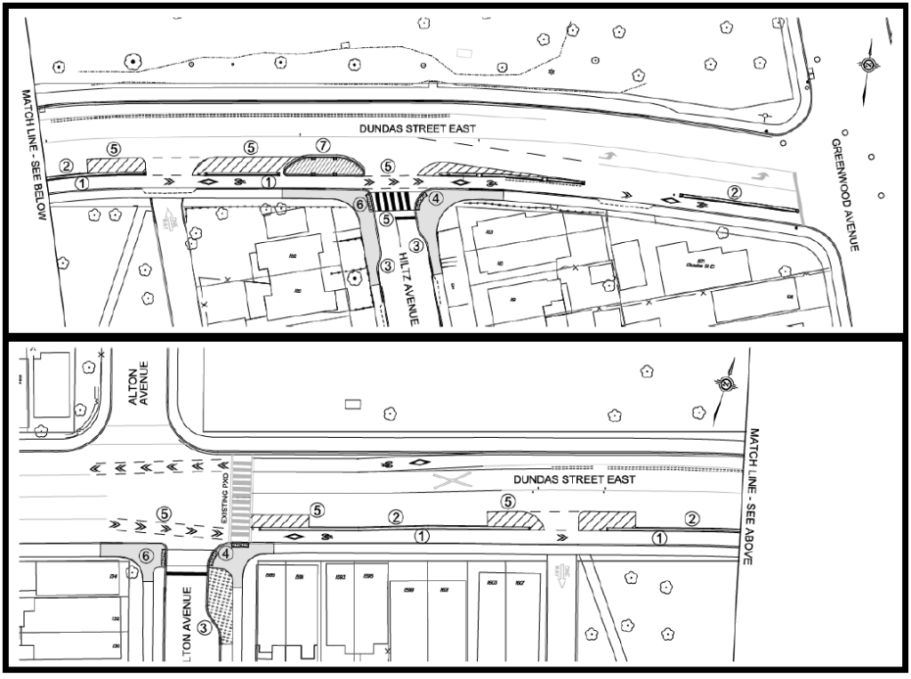 Site plan of road safety improvements on Dundas Street East between Greenwood Avenue to Alton Avenue