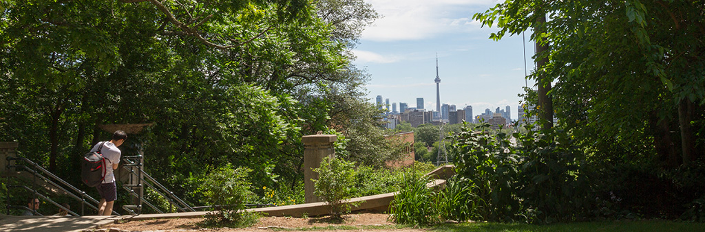 View of Toronto skyline and person walks down steps