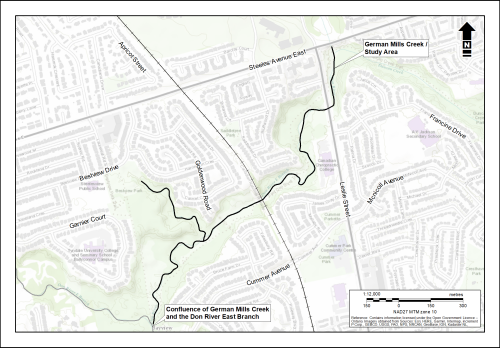 Map of study area along German Mills Creek from Steeles Avenue East and Leslie Street to the Don River.