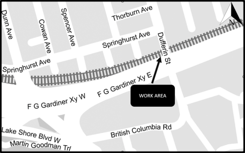 Map showing the location of the Dufferin Bridge over the Metrolinx Rail Corridor on Dufferin Street. For more information please contact Karolina Kluska
