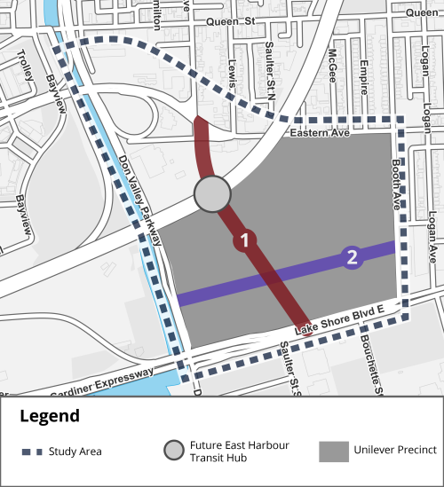 map of Study area with the alignment of Extension of Broadview Avenue and New East-West Street