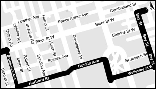 Map showing alternate cycling route along Brunswick Avenue, Harbord Street/Hoskin Avenue, Wellesley Street, and Bay Street as alternative routes during construction. Please contact Mark De Miglio at 416 395 7178 or mark.demiglio@toronto.ca for more information.