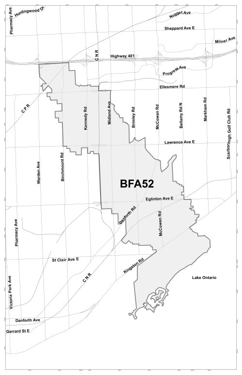 Map of Basement Flooding Study Area 52 boundaries from the Highway 401 at the north, Warden Avenue/Kennedy Avenue on the west, Brimley Avenue/Bellamy Road on the east and Lake Ontario to the south.