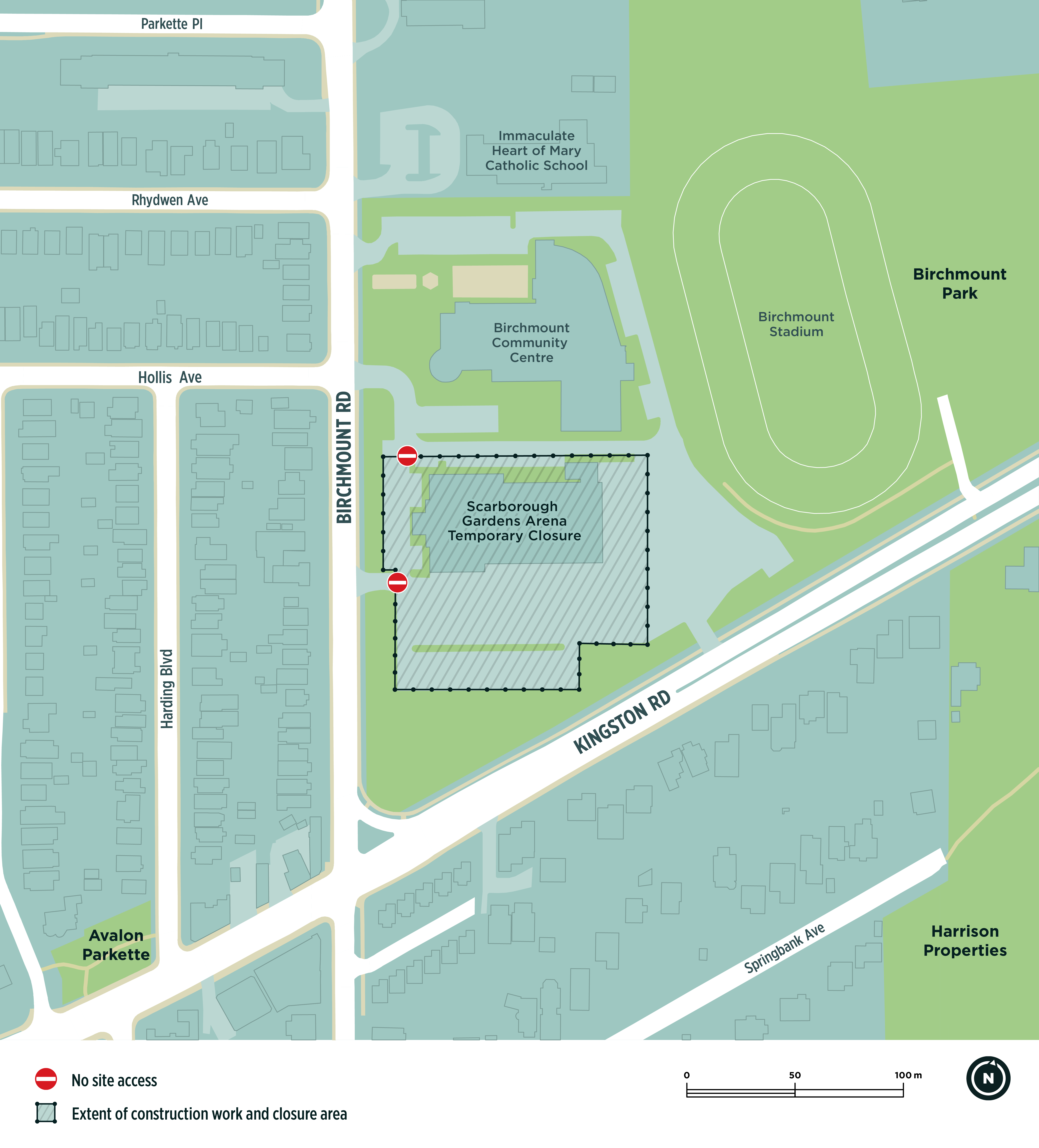 Map showing areas temporarily closed due to construction, including the entire parking area south and west of the arena as well as the south entrance to the parking lot on Birchmount Road.