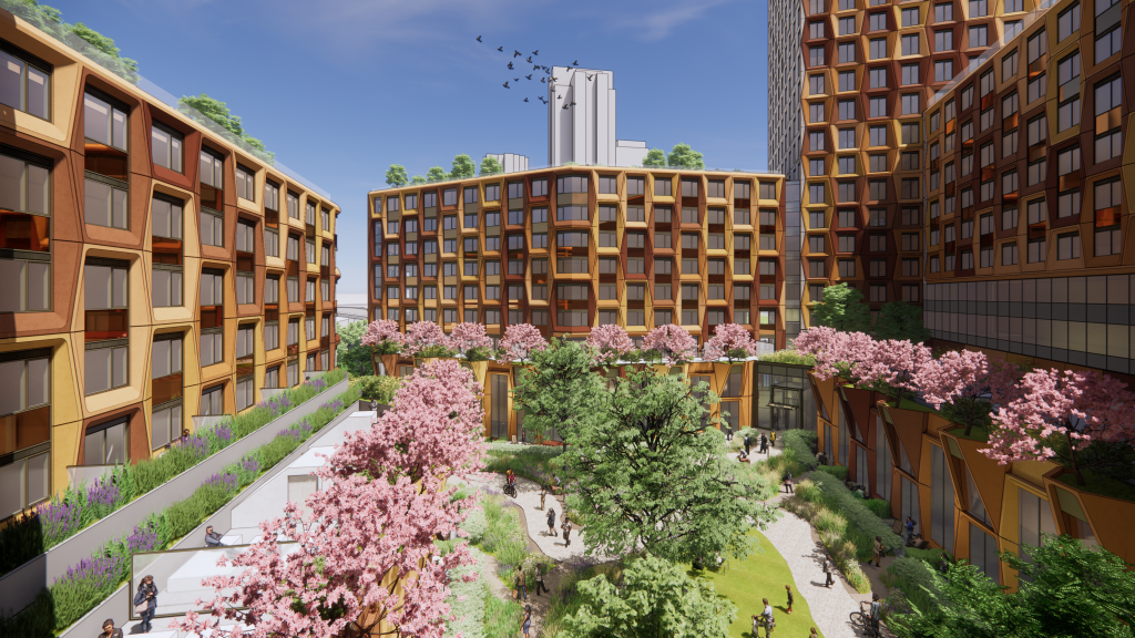 Rendered drawing showing a courtyard with lush trees and people walking