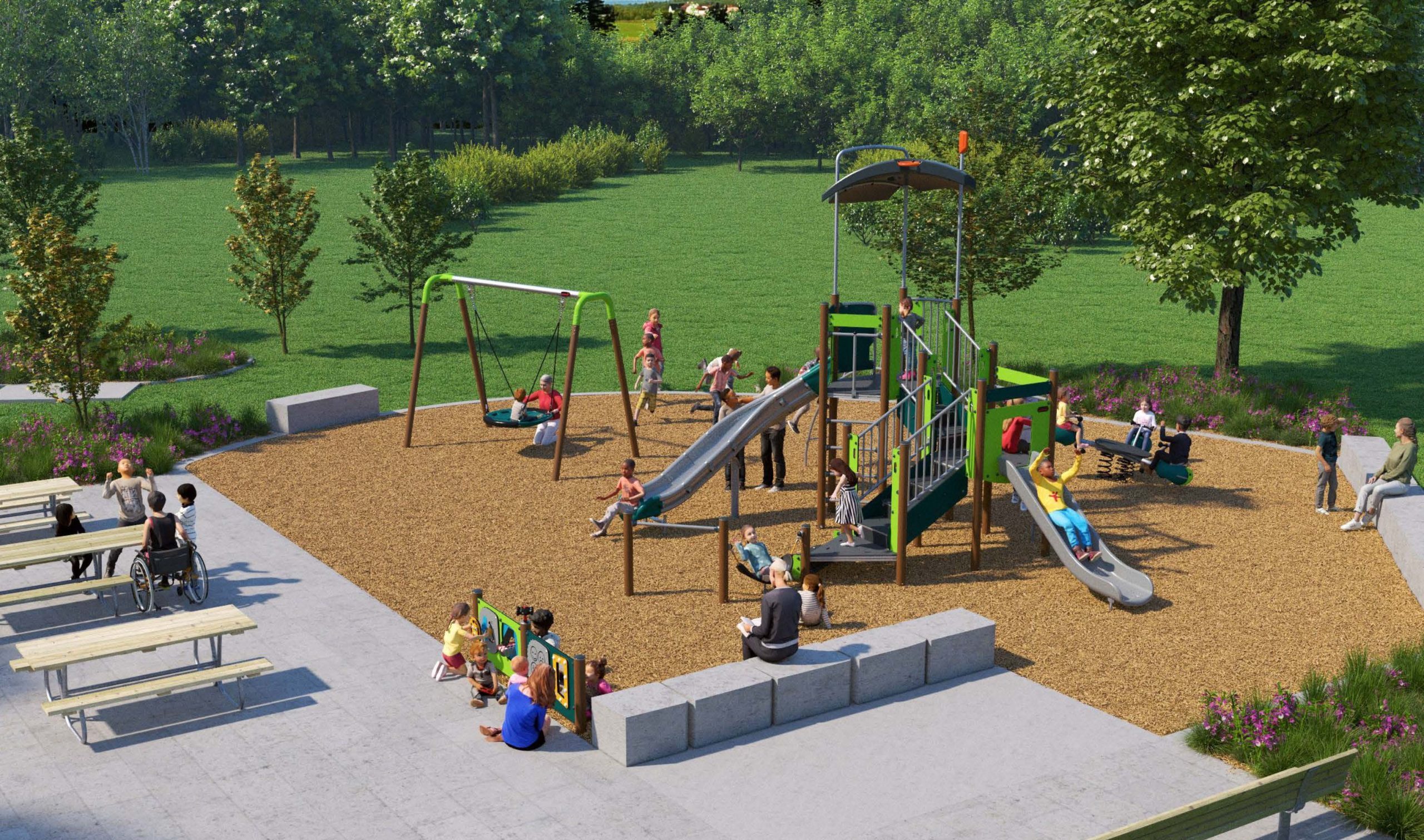 Artistic rendering of playground from birds eye view.