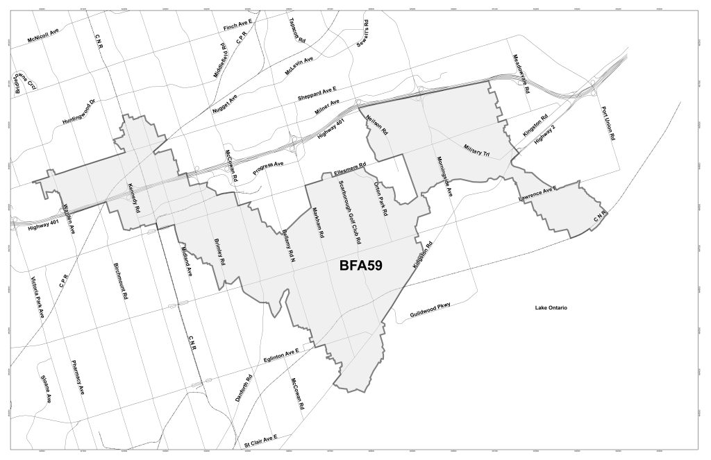 Basement Flooding Area 59 Map boundaries from Sheppard Avenue at the north, Warden Avenue/Brimley Avenue/Bellamy Road to the west, Orton Park on the east and Kingston Road to the south.