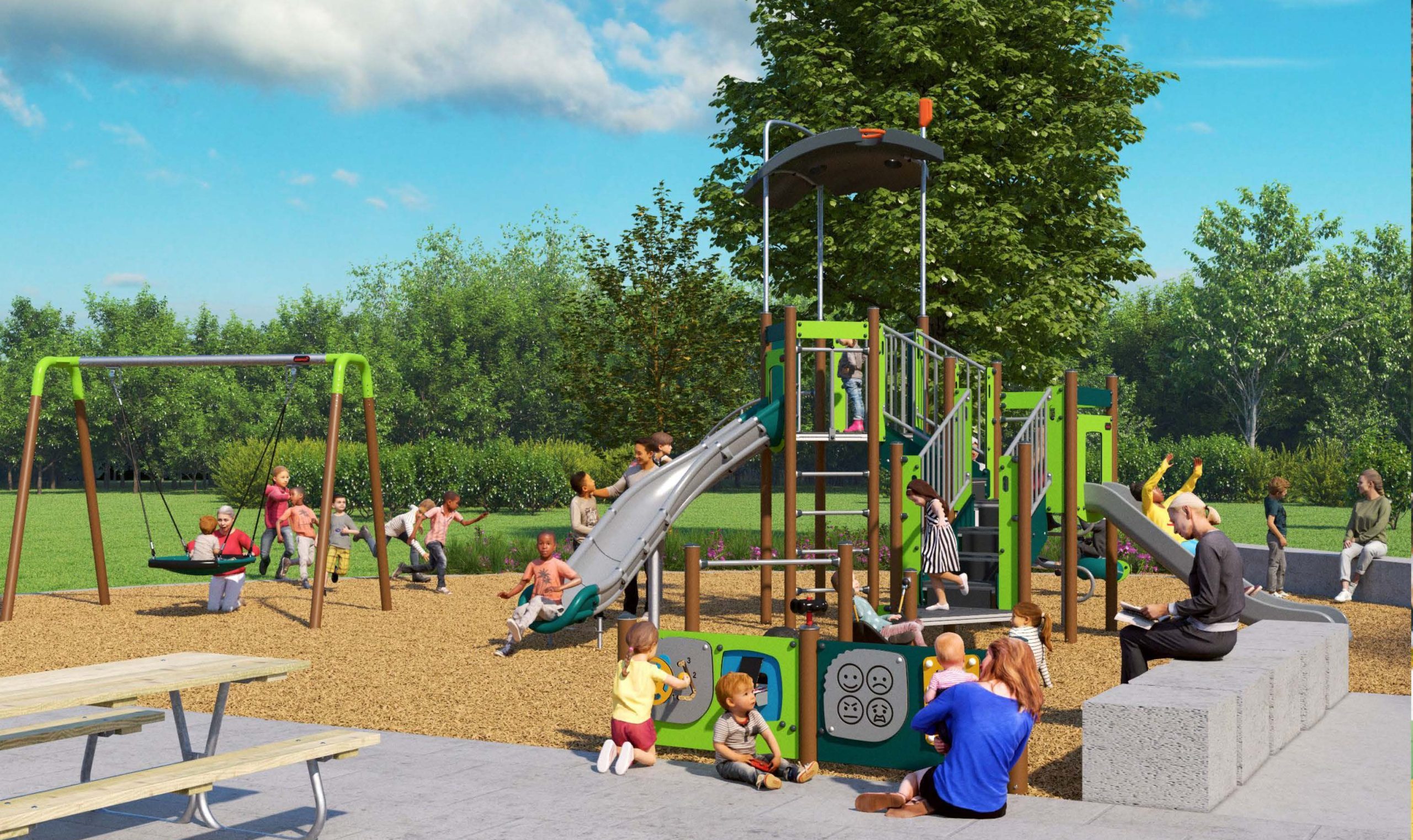 Artistic rendering of playground from side view.