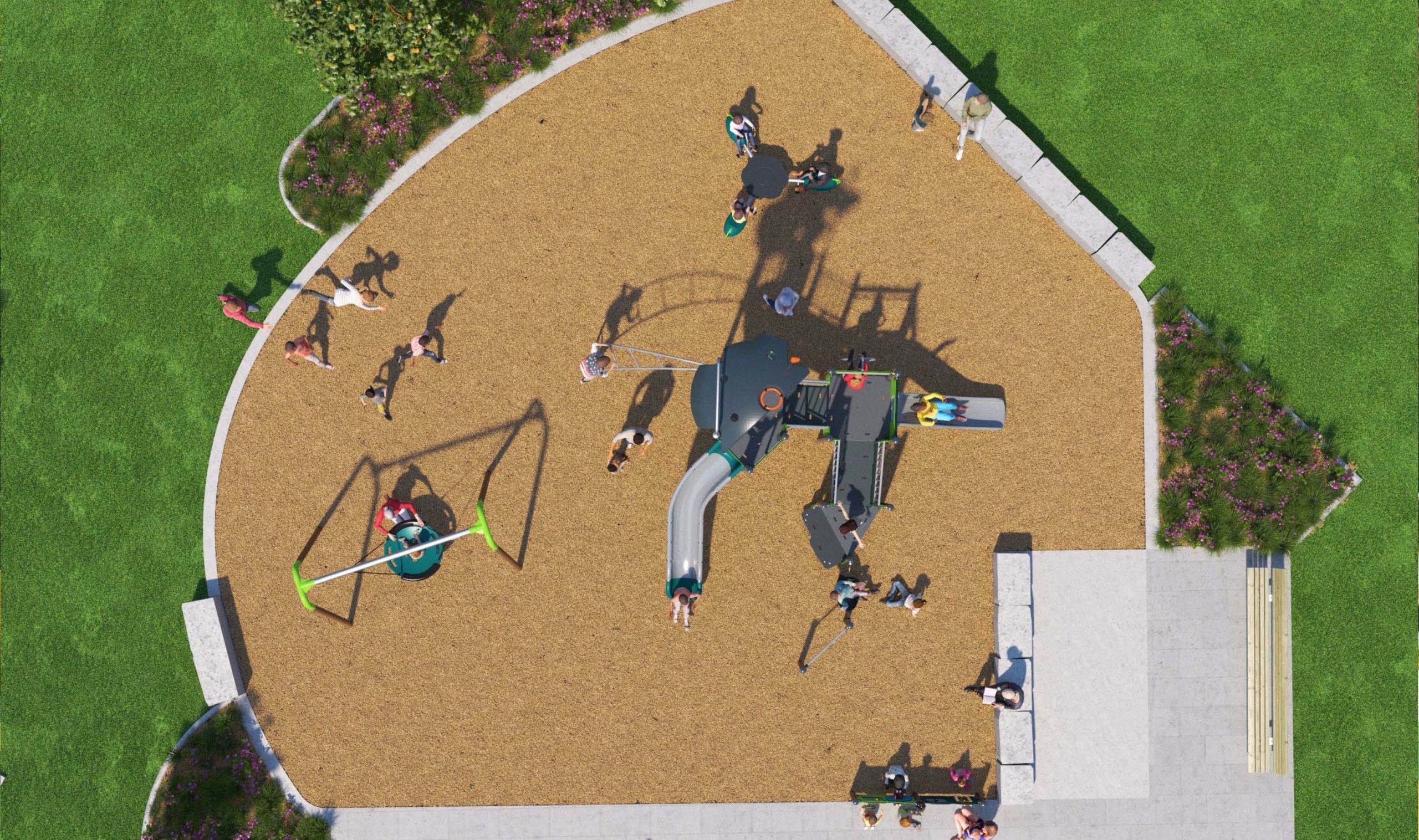 Artistic rendering of playground from aerial or overhead view.
