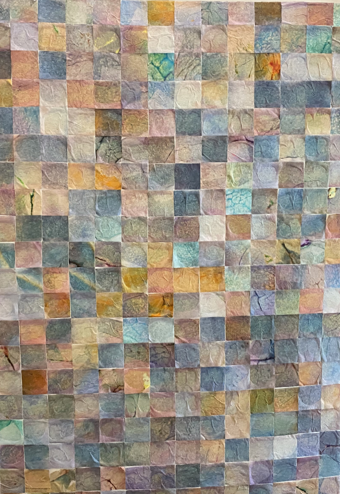 Mixed media artwork of equal sized squares in various colours and textures arranged in a grid pattern