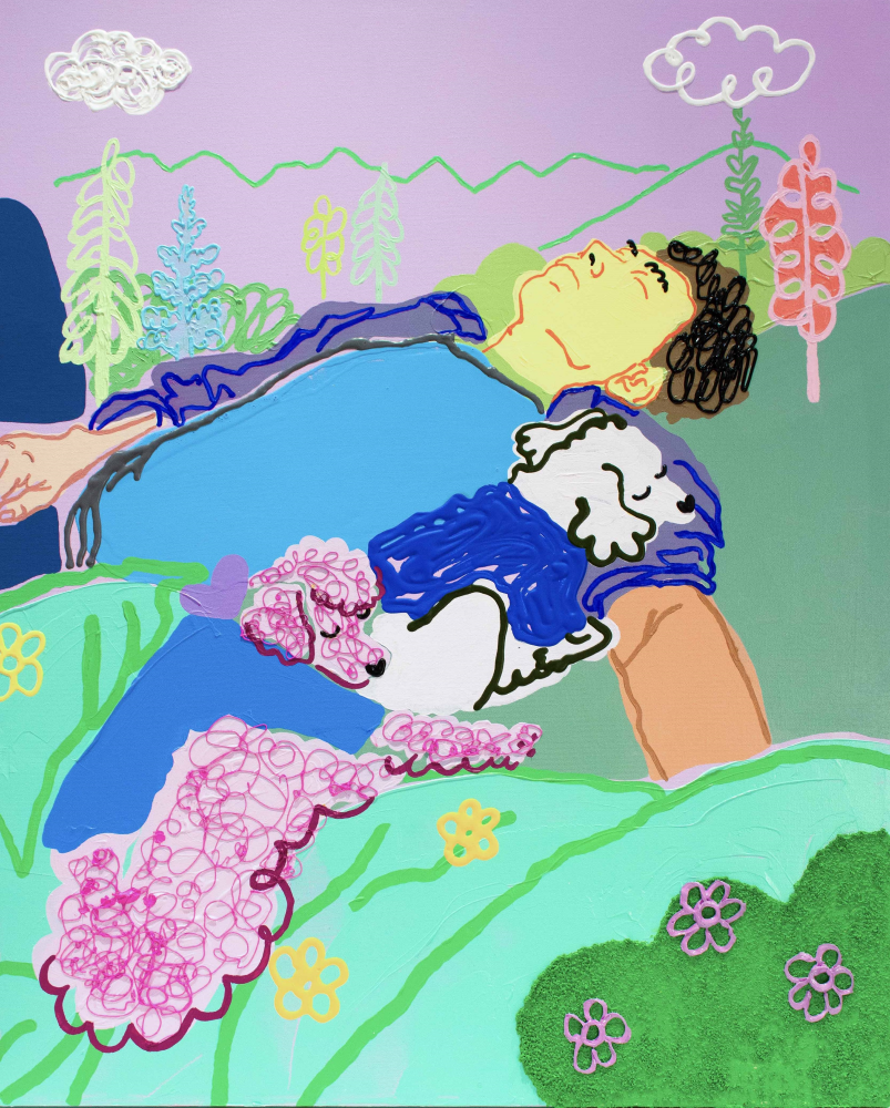 Digital artwork of person laying down outside with two dogs