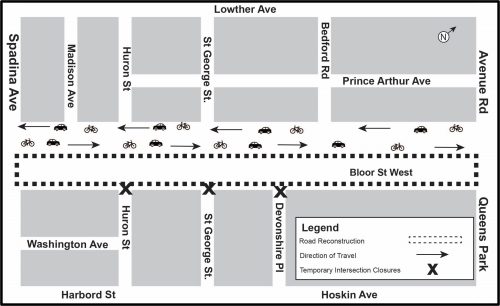 Map of work area along Bloor Street West between Avenue Road to Spadina Avenue on south side for Phase 3. Please contact Mark De Miglio at 416 395 7178 or mark.demiglio@toronto.ca for more information.