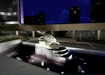 Turtle sculpture lit at night in Spirit Garden