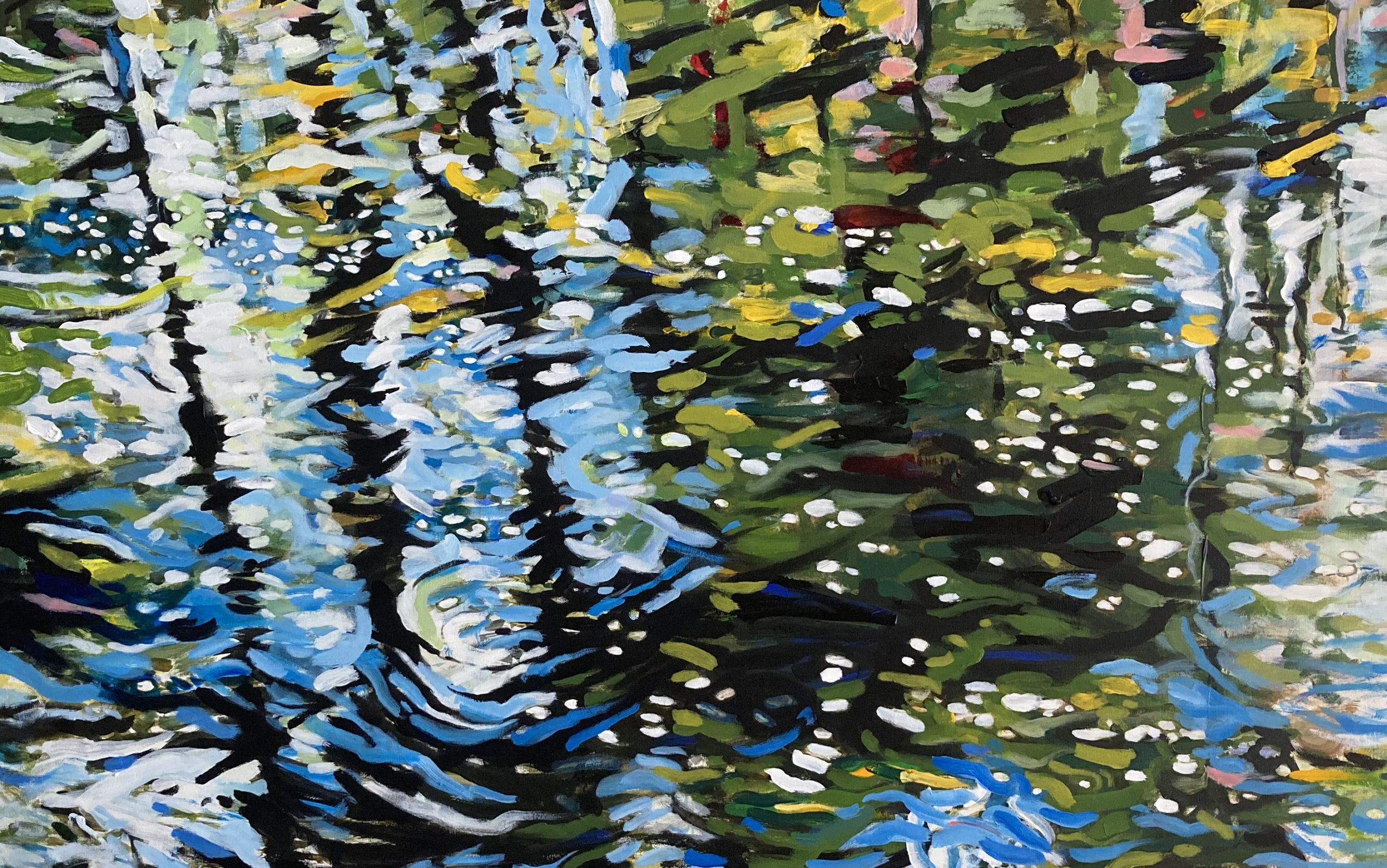Oil painting by Peter Miehm with horizontal streaks of blue, green, black and white paint