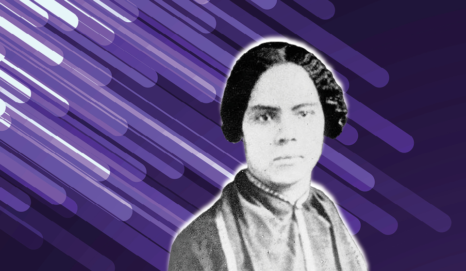 Portrait of Mary Ann Shadd Cary with graphic bands of white and purple