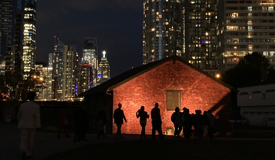 Shadows of crowd in front of historic building lit up at night with skyline in background