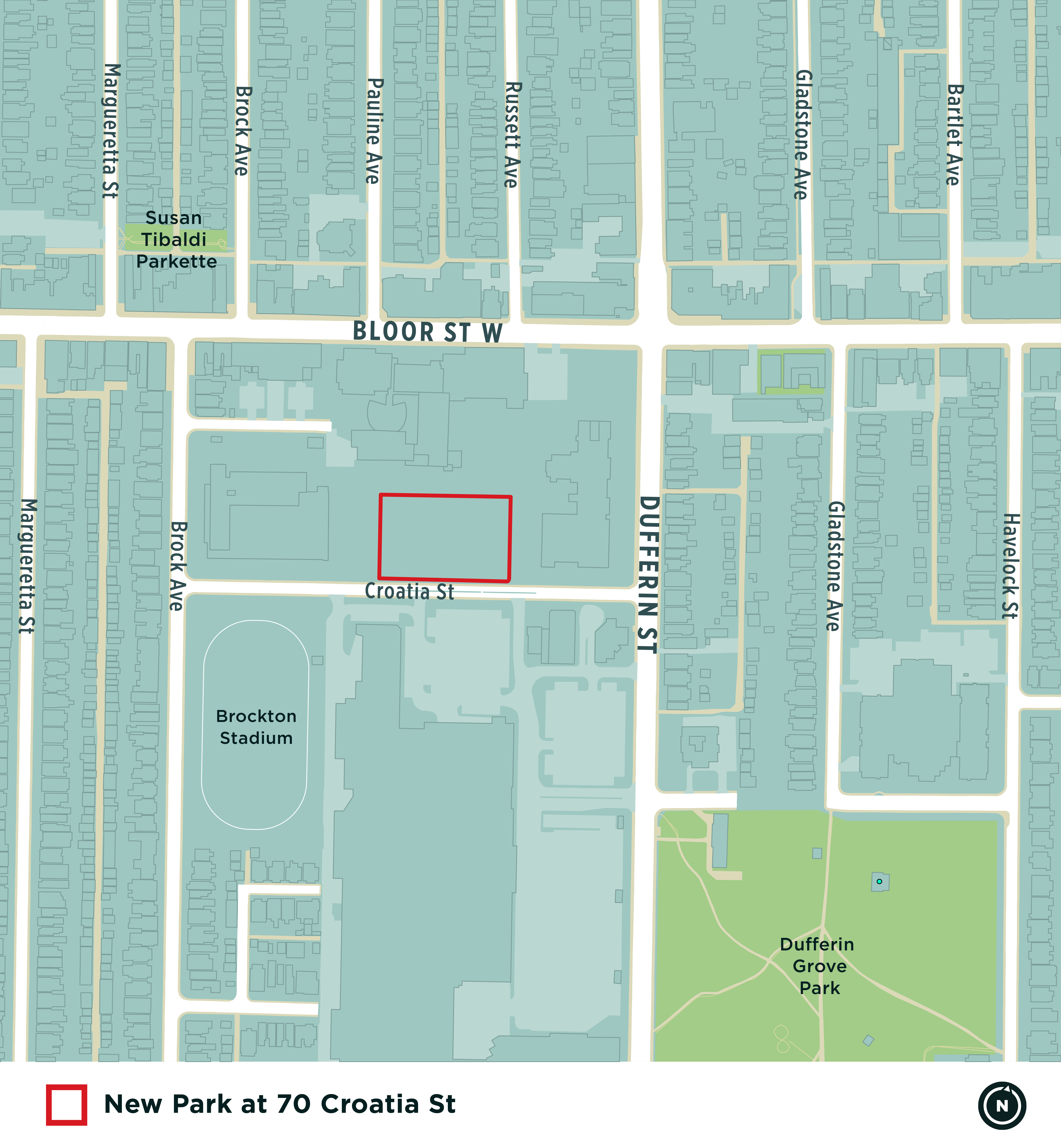 A map showing the location of the new park with a red rectangle. The park is located at 90 Croatia Street (north side), between Dufferin Street and Brock Street, south of Bloor Street West. Dufferin Grove Park can be seen nearby, southeast of the new park.