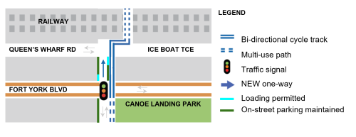 Map of proposed changes on Dan Leckie Way from Queens Wharf Road to Fort York Boulevard