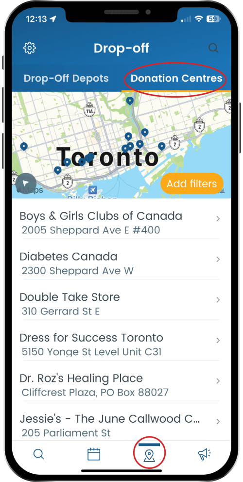 A screenshot of the app showing Donation center locations.