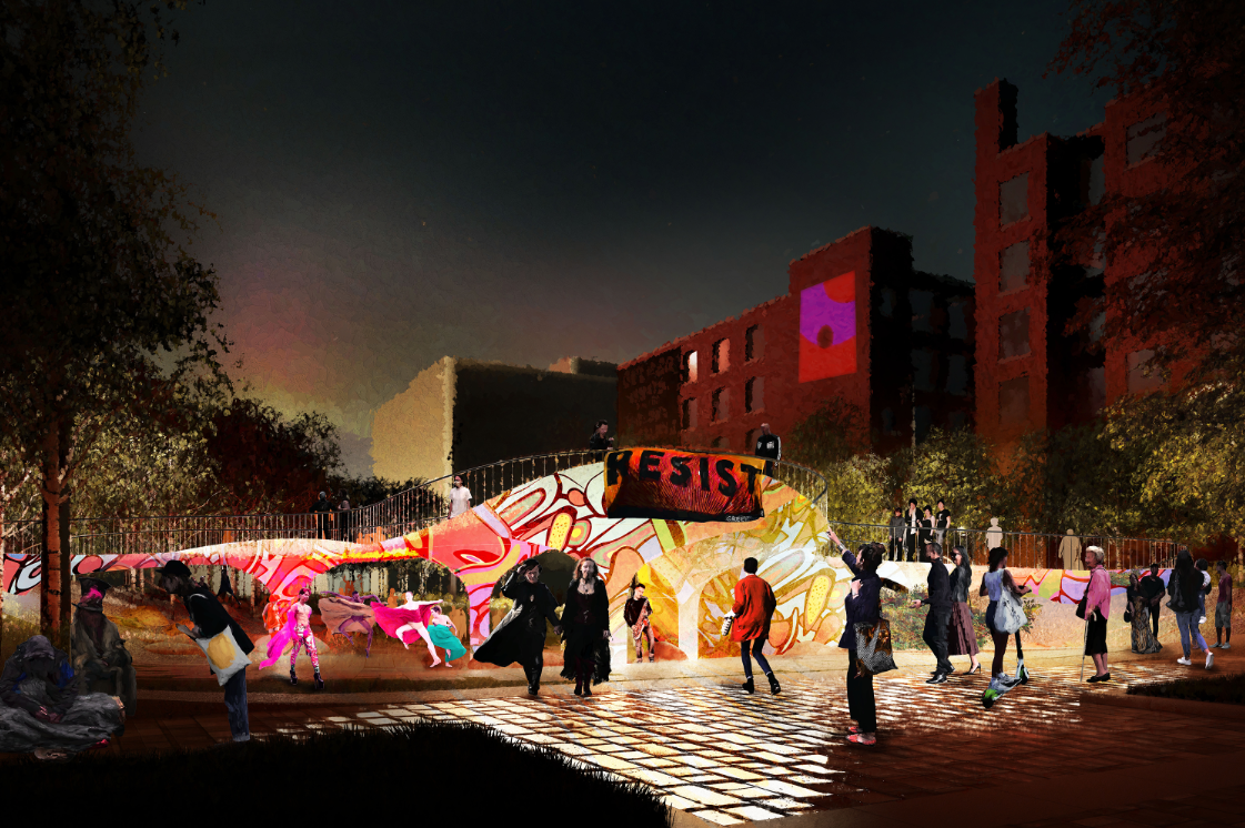 An artistic rendering of Wàwàtesí at night. The image is positioned at eye-level, looking north into the park from Nelson Street. The view shows a variety of urban activity to represent the diversity of culture and subculture in Toronto. The elevated walkway named the ‘Canvas’ is highlighted by the park’s permanent art installation, Aki Illuminations (Aki meaning “Earth” in Anishinaabemowin).