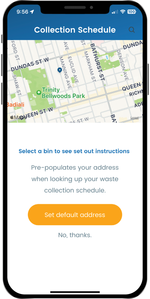 A screenshot of the app prompting users to select a default address for collection schedules