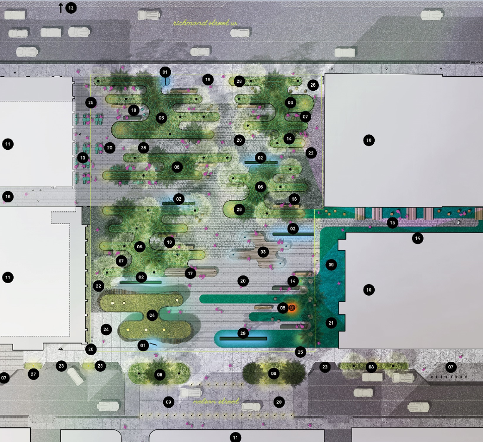 Plan view of proposed Electric Forest design for the new park, with numbered labels indicating the location of the features and amenities.