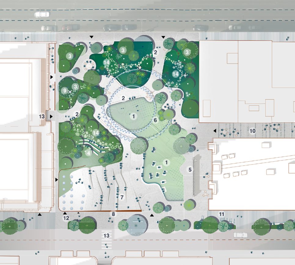 Plan view of the proposed design for the new park, with numbered labels indicating the location of the features and amenities.