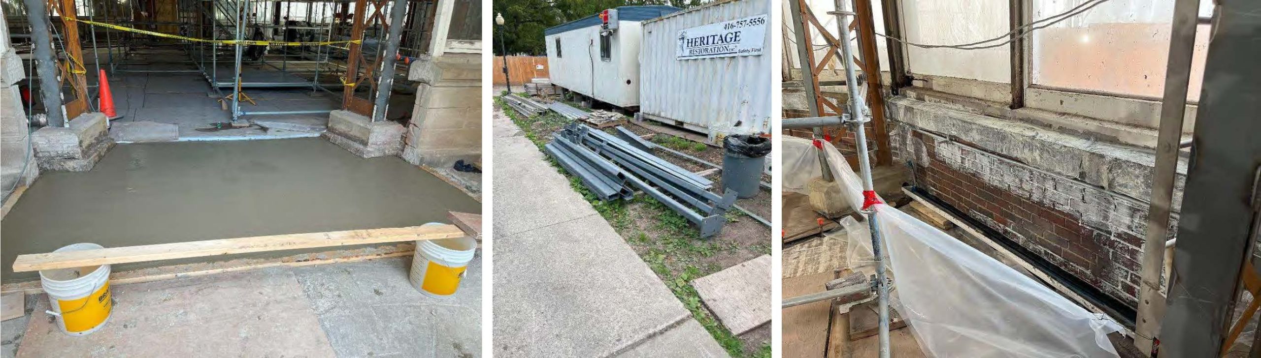 A photograph with three images side by side showing the interior and exterior work happening at the Palm House building. On the left, shows the exterior porch area with a new concrete slab. In the middle, shows a stack of steel beams. On the right, shows a closeup of the interior brick wall which has started to be cleaned. 