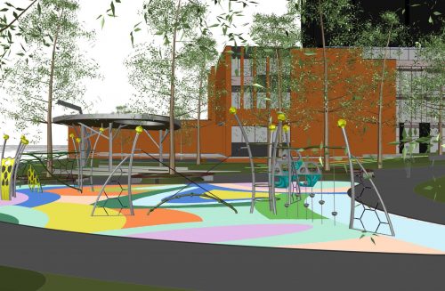 The image shows a rendering of the new park looking west towards the play area, showing the new proposed residential development, tree planting, and proposed shade structure in the background.