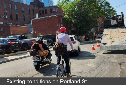 Portland street. A person is biking next to a scooter and behind a car. All vehicles are going around a semi-trailer truck parked on the right-hand side of the street. Text band across the bottom of the image reads “existing conditions on Portland 
