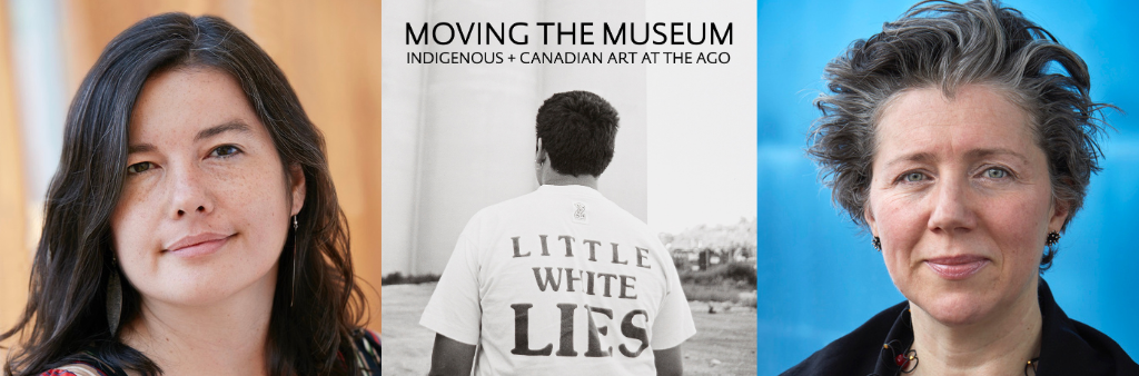 Moving the Museum Indigenous and Canadian Art at the AGO book cover in centre with photographs of authors on either side