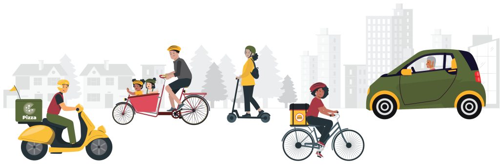 An illustration of a street with a food delivery courier operating a seated scooter, a woman riding a bicycle, a parent riding a cargo bicycle with two kids in the front, a woman riding a standing electric kick-scooter and an older man driving a small electric car.