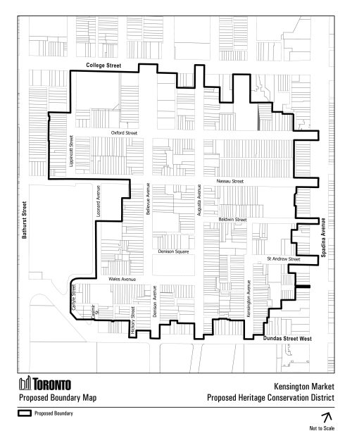 A black and white property map of the Kensington Market Area with the boundary of the proposed Kensington Market Heritage Conservation District outlined in a thick black line.