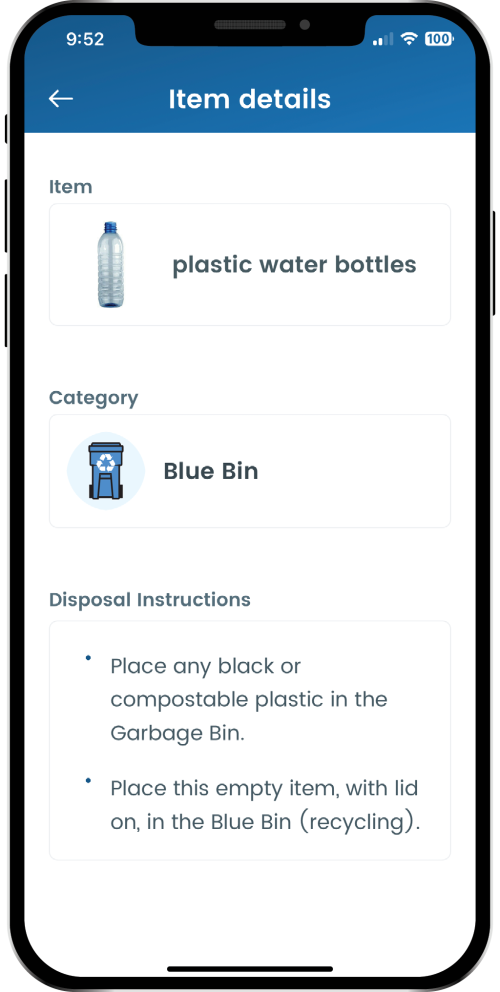 A screenshot of the app showing the selected item and how to properly dispose of it.