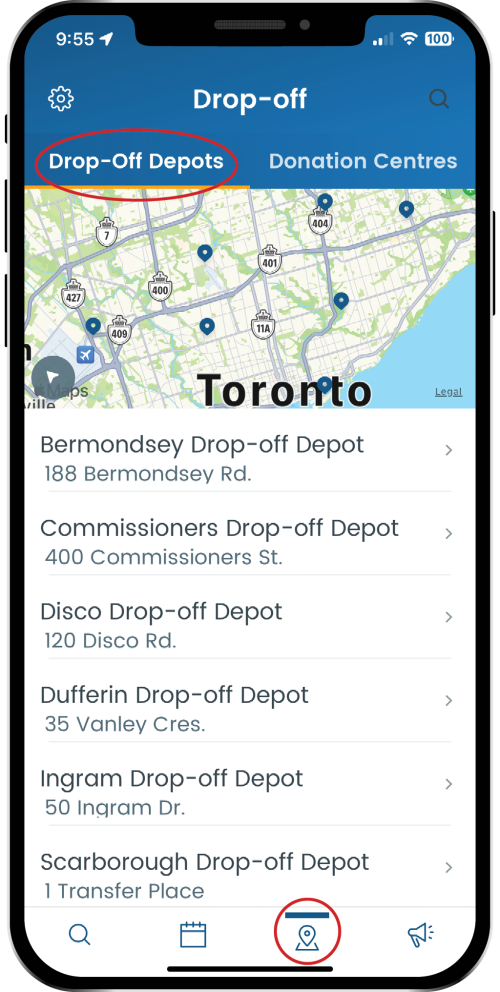 A screenshot of the app showing Drop-Off Depot locations.