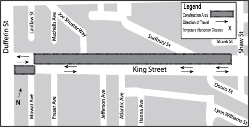 Map of work area along King Street West between Dufferin Street and Shaw Street. Please contact Mark De Miglio at mark.demiglio@toronto.ca or 416 395 7178 for more information.