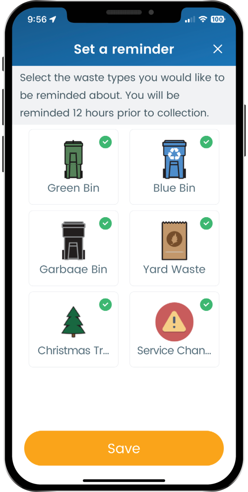 A screenshot of an app prompting users to set a reminder to set out bins for collection.