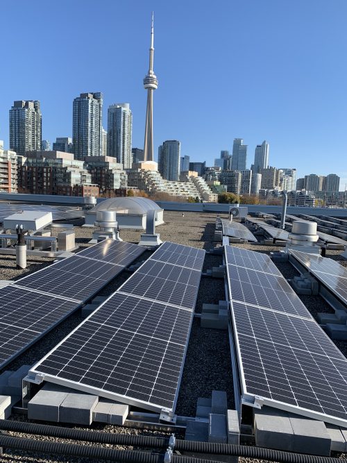 Solar panels on roof of Waterfront Building with Toronto skyline and CN Tower in background.